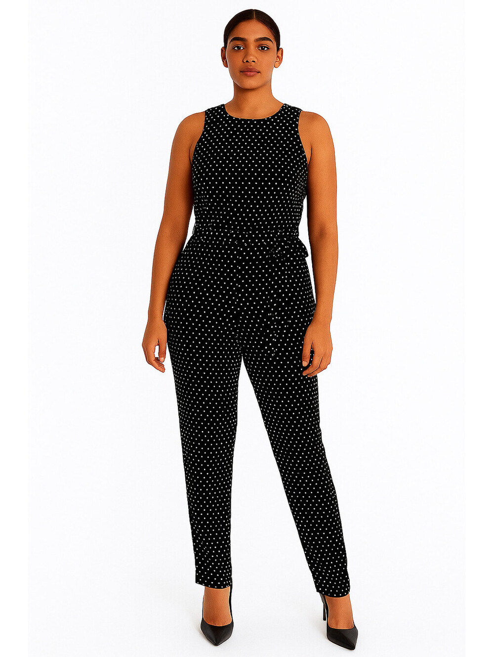 Tahari XS Black White Polka Dot Jumpsuit Tie Waist Gather Neck 30” Inseam NWT
